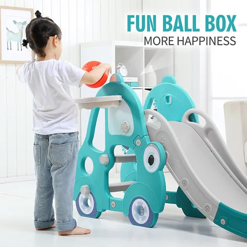 Miniatura 3 de UNICOO Juego de toboganes para niños pequeños con pendiente deslizante extralarga, aro de baloncesto y pelota (tobogán para automóvil - Verde menta)