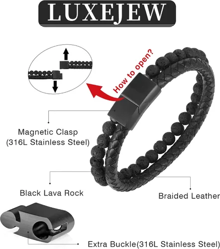 Miniatura 4 de LUXEJEW Gifts for Men - Mens Bracelet, Beaded Leather Bracelets for Men 6mm Tiger Eye Lava Rock Stone Handmade Bracelets Adjustable Stainless Steel