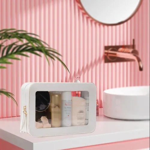 Miniatura 5 de Bolsa de maquillaje transparente pequeña, aprobada por la TSA, bolsa de aseo portátil con cremallera, bolsa de viaje para cosméticos, estuche Blanco