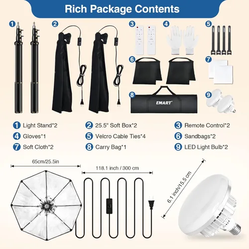 Miniatura 7 de EMART Softbox - Kit de iluminación con bolsa de arena, 25.5 pulgadas de diámetro con 2 bombillas LED de control remoto de 135 W, 3000-6500 K, kit