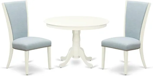 East West Furniture HLVE3-LWH-15 - Juego de mesa y sillas de cocina de 3 piezas contiene una mesa redonda de comedor con pedestal y 2 sillas Parson