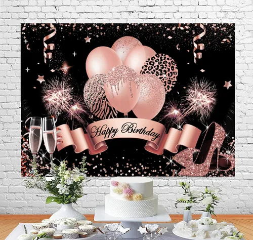 Miniatura 4 de InMemory Telón de fondo de cumpleaños de oro rosa para mujeres y niñas, fondo de fotografía de feliz cumpleaños, globos con purpurina, tacones