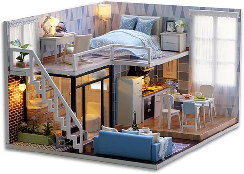TuKIIE Kit de casa de muñecas en miniatura con muebles, a escala 1:24, casa de muñecas de madera con accesorios, a prueba de polvo, con música, para