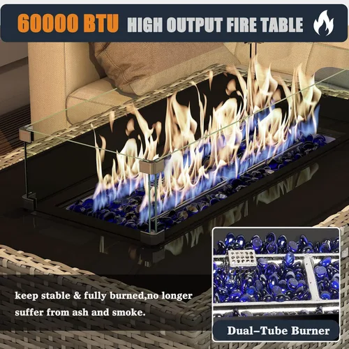 Miniatura 3 de Mesa para fogón de gas propano de 44 pulgadas para patio exterior, fogón rectangular al aire libre de mimbre de ratán de 60000 BTU con protector