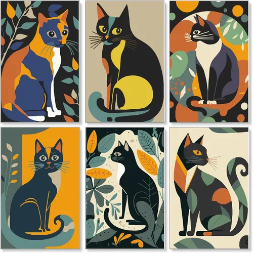 Miniatura 10 de Jethami Paquete de 6 pinturas por números para adultos principiantes, fácil de pintar con gato negro, kit de arte de lienzo para decoración de pared