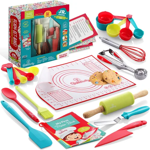Baketivity Juego de 31 herramientas para hornear para niños, utensilios de cocina reales para niños, accesorios de cocina seguros, duraderos y