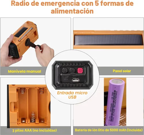 Miniatura 5 de NOAA - Radio meteorológica AM/FM/onda corta, radio de emergencia de 5 vías, 5000 mAh/18500 mWh, manivela solar, cargador de teléfono portátil