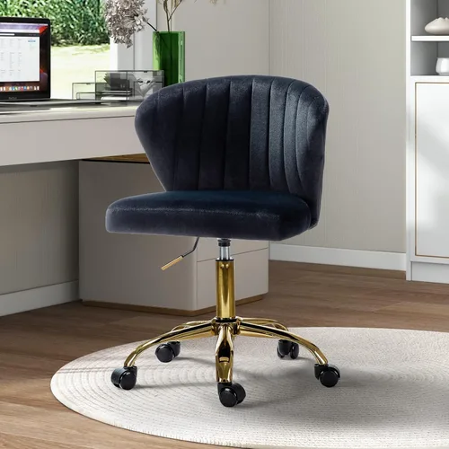 TINA'S HOME Sillas de escritorio de oficina con ruedas y base dorada, moderna silla de oficina sin brazos de terciopelo, silla giratoria ajustable