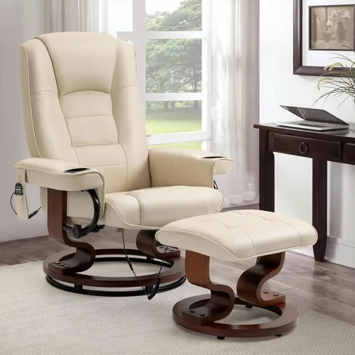 Miniatura 2 de AVAWING Silla reclinable con masaje por vibración, reclinable, de piel sintética, con otomana, giratoria, de madera, para sala de estar, color beige