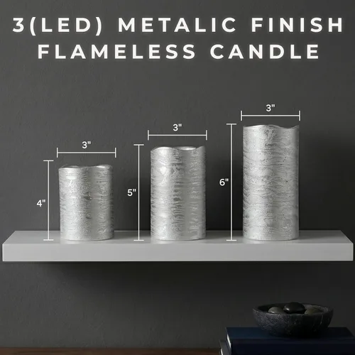Miniatura 2 de Lavish Home Juego de 3 velas LED sin llama con control remoto, velas de pilar de cera real con temporizador y acabado metálico envejecido (plateado)
