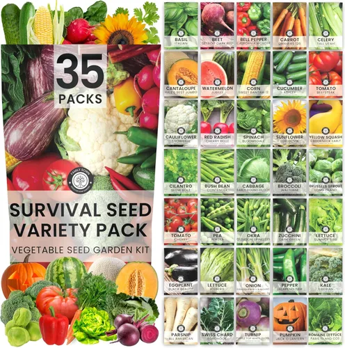 35 paquetes de semillas de vegetales | Paquete de variedad para supervivencia | Temporada 2026 | Hortalizas, hierbas y frutas envasadas