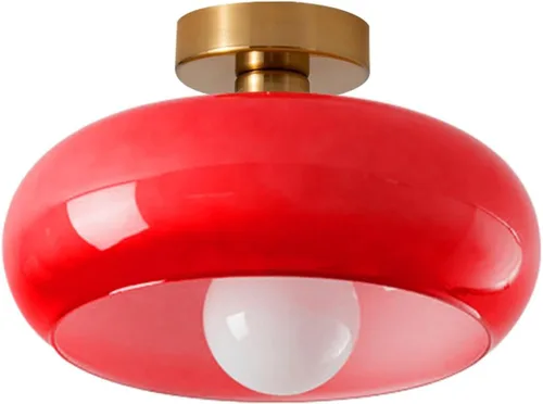 Lámpara de techo vintage de vidrio rojo empotrado, lámpara de techo de cúpula redonda de 11 pulgadas, pantalla de vidrio de mediados de siglo,