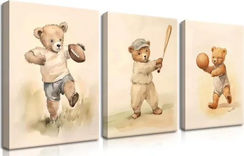 Conjunto de 3 cuadros de arte de pared de osos de rugby deportivos para guardería – Cuadros de osos bebés vintage bonitos, pinturas, pósteres,