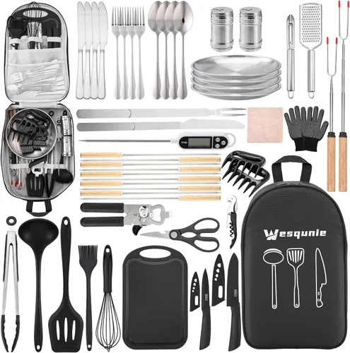 Miniatura 8 de Juego de utensilios de cocina esenciales para acampar - Kit de cocina portátil para campamento al aire libre, accesorios de acero inoxidable y Marrón