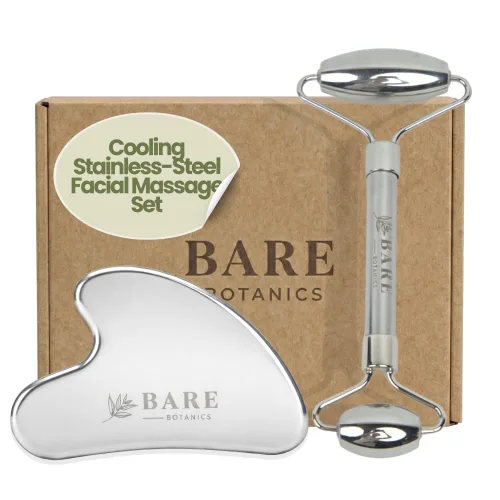 Bare Botanics Juego de rodillos faciales y gua sha de acero inoxidable | Herramientas faciales duales para hinchazón, drenaje linfático y piel