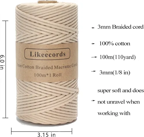 Miniatura 2 de Cordón de algodón trenzado de 0.11 pulgadas x 109 yardas, cuerda de algodón para macramé natural, estilo bohemio, para colgar plantas hechas a mano