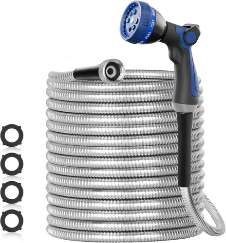 Miniatura 7 de SPECILITE Manguera de jardín de acero inoxidable 304 de 25 pies, tubería de agua resistente con boquillas para patio, exterior, flexible, nunca se