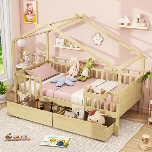 Miniatura 14 de Giantex Cama individual para niños con cajones de almacenamiento, cama Montessori de madera con rieles y estante lateral, sofá cama baja para niños