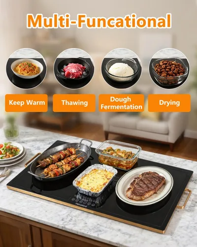 Miniatura 2 de Bandeja de calentamiento eléctrica de 31.5 x 17.7 pulgadas, calentador de alimentos de superficie completa con temperatura y temporizador