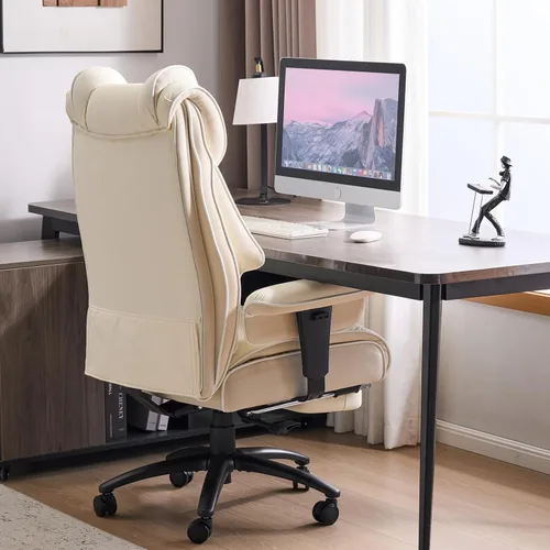 Miniatura 2 de Silla de oficina grande y alta de 400 libras con reposapiés y soporte de madera para cintura, silla ergonómica para juegos con reposabrazos 2D