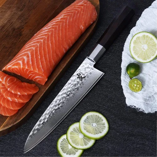 Miniatura 7 de SAMCOOK - Cuchillo de chef japonés – Cuchillo de cocina profesional de 8 pulgadas con acabado martillado de Damasco, cuchillo de cocina de acero