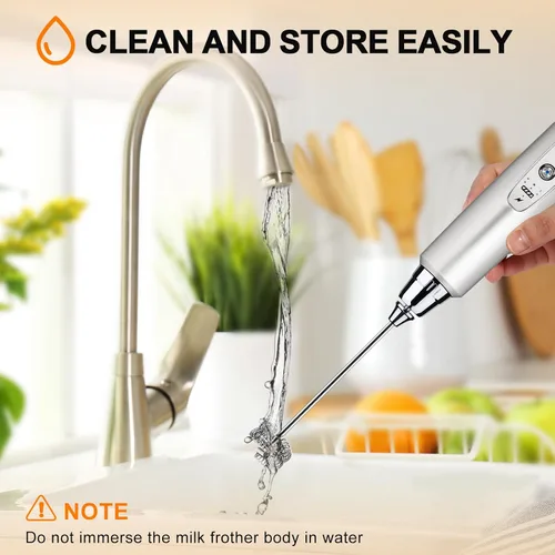Miniatura 7 de YUSWKO Espumador de leche recargable de mano con 3 cabezas, batidor eléctrico de café plateado para bebidas, mezclador de espuma de mano mini con 3