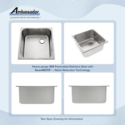 Miniatura 2 de AMBASSADOR MARINE Fregadero rectangular de acero inoxidable 304 GRADE – cepillado, 14-1/2" x 14-1/2" x 6" de profundidad (S44-4614-BR-W)