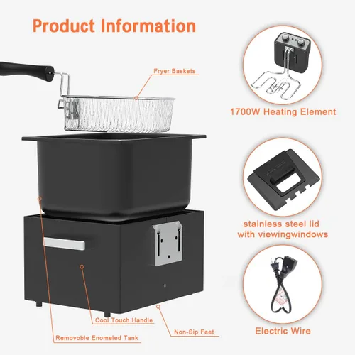 Miniatura 2 de Freidora eléctrica grande de 1800W y 5 litros/21 tazas con 3 cestas de freír, temperatura ajustable, tapa con ventana de visualización, cuerpo