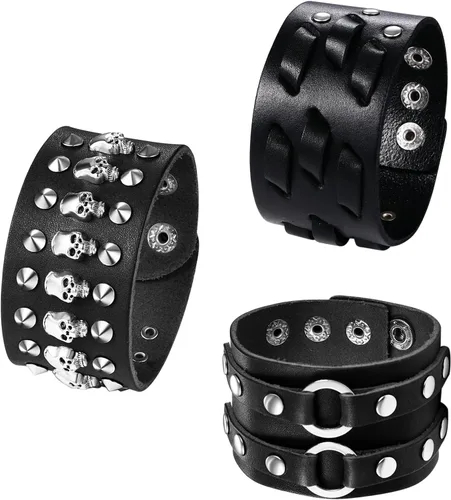 Miniatura 11 de OIDEA Assorted 3pcs Mens Punk Multistrand Leather Braided Bangle Cuff Bracelet for Biker Dad Father Size Adjustable