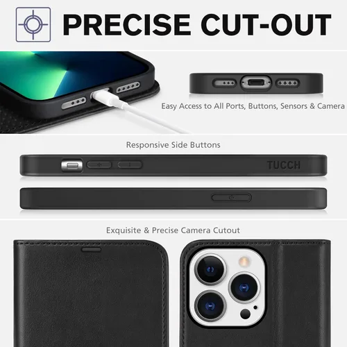 Miniatura 8 de TUCCH Funda tipo cartera para iPhone 13 Pro, tarjetero con bloqueo RFID, soporte magnético de piel sintética, funda protectora de poliuretano Negro