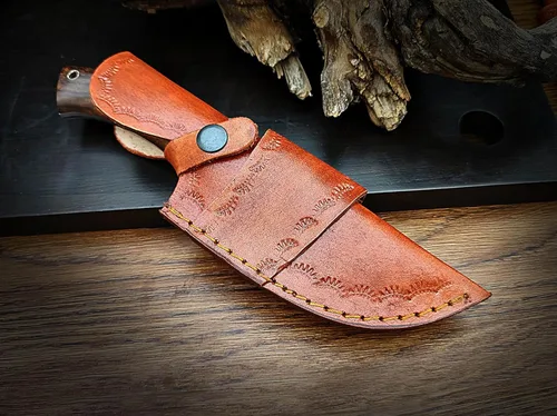 Miniatura 6 de Cuchillo de gancho de acero D2 hecho a mano - Hoja fija de espiga completa con mango de madera y funda de cuero - Cuchillo afilado para desollar
