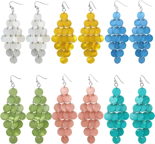 Miniatura 6 de Aretes colgantes en capas con cuentas de disco hechos a mano, multicolor, naranja, rojo, azul, para mujer