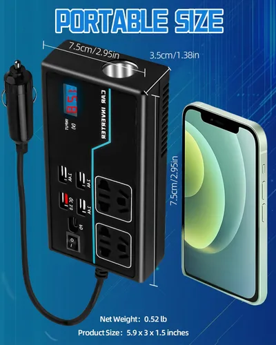 Miniatura 6 de Inversor de corriente de 200 W, 8 en 1 CC 12 V a 110 V CA, adaptador de enchufe de automóvil, convertidor de salidas con PD3.0 de 30 W y 4 puertos