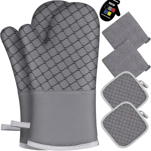 6 guantes de horno y soportes para ollas, resistentes al calor de 500 ℉ con toallas de cocina, forro de algodón suave y superficie de silicona Gris