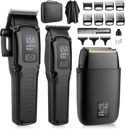 QREEYX Cortadora de pelo profesional para hombres, 3 en 1, cortadora de barba y afeitadora eléctrica de lámina con pantalla LED, kit de aseo