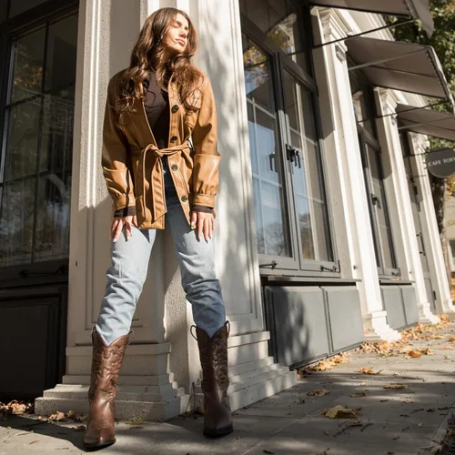 Miniatura 5 de Rollda Botas vaqueras occidentales para mujer con punta puntiaguda, botas vaqueras de media pantorrilla, botas de moda bordadas con tacón grueso