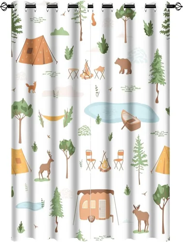 Miniatura 20 de Cortinas abstractas con estampado de cámper de caricaturas, divertido tema de aventura, campamento, montañas, vida silvestre, oso, tratamiento