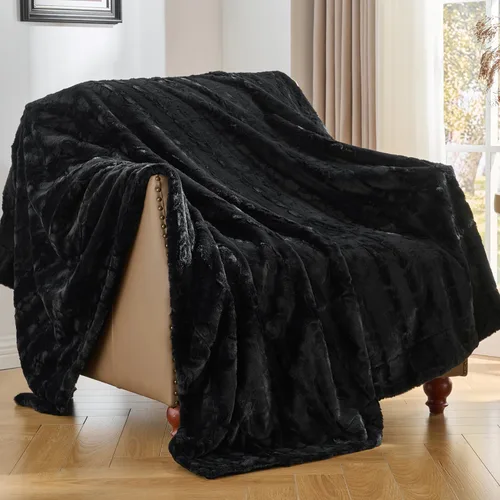 Krifey - Manta de piel sintética negra para sofá y cama, textura de mármol 3D, suave y mullida, cobija gruesa y cálida de felpa, piel sintética de
