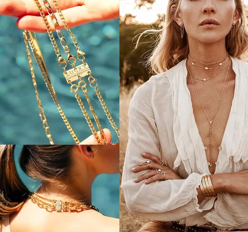Miniatura 5 de Collar con cierre de capas para mujer, separadores de joyería de oro de 18 quilates y plata, cierre magnético de collar múltiple para mujer