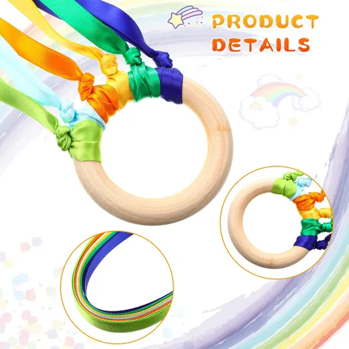 Miniatura 3 de Deekin 12 piezas de cinta de arco iris de madera Waldorf juguetes creativos Waldorf juego de cometas de mano serpentinas con anillo de madera
