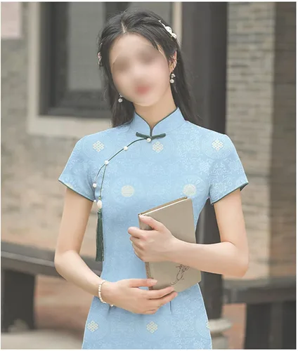 Miniatura 3 de BAWHO Mooie Jacquard Stof Elegant Licht Fel Kleur Patroon Ontwerp Bloem Ambachten Doek Voor Naaien Cheongsam Kostuums Damesjurken DamesjurkenBlauw75