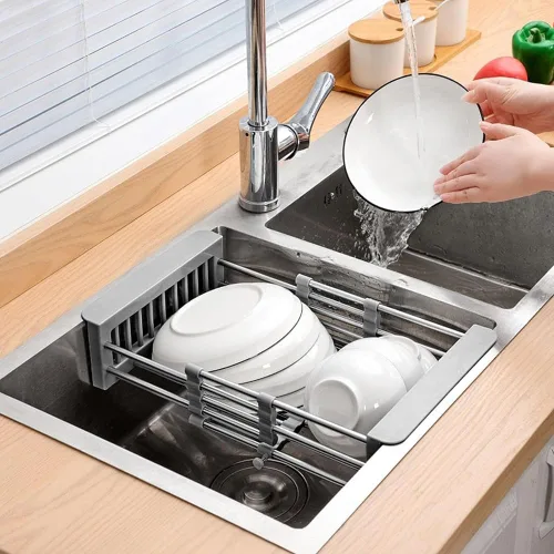 Miniatura 6 de Extend - Cesta de drenaje para fregadero de cocina, estante retráctil de acero inoxidable con pluma ajustable, cesta extensora multifuncional