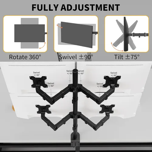 Miniatura 3 de Soporte para monitor cuádruple, soporte de escritorio ajustable resistente para 4 monitores para pantalla de 13 a 27 pulgadas, soporta hasta 22