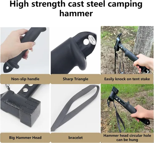 Miniatura 6 de Tienda de campaña portátil para exteriores, juego de lujo 8 en 1, cuerda resistente al viento, clavo de tierra para tienda, martillo de campamento