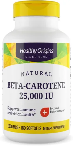 Healthy Origins Betacaroteno 25,000 UI (7,500 mcg), suplemento de provitamina A para antioxidante, ojo e inmunitario, 180 cápsulas blandas