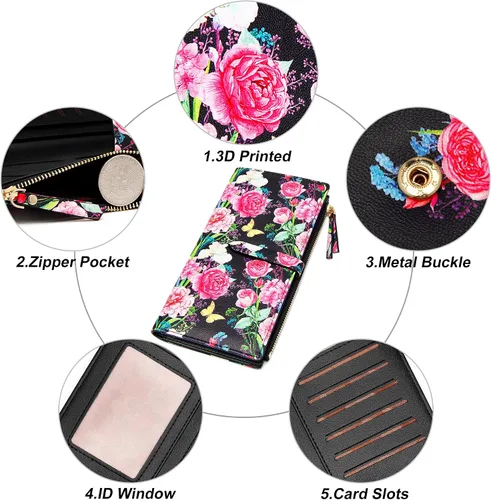 Miniatura 5 de YOUBDM Billeteras delgadas para mujer, tarjetero RFID plegable con bolsillo con cremallera, Rosa