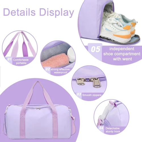 Miniatura 7 de Bolsa de viaje deportiva para gimnasio para hombres y mujeres con compartimento para zapatos, bolsillo húmedo, Púrpura (pure purple), Bolsa de lona