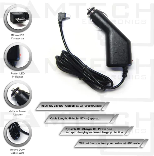 Miniatura 2 de Ramtech DC 12V 2A Universal Micro USB Cargador de coche Cable adaptador de corriente para GPS, compatible con Garmin Nuvi 2757 LM 2789 LMT 2797 LMT