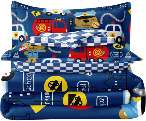 Miniatura 7 de Juego de edredón de carro de policía para niños pequeños, juego de ropa de cama de camión de bomberos y carro de policía, colección de ropa de cama