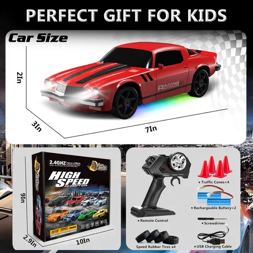 Miniatura 7 de Auto de control remoto RC Drift Car 2.4GHz 1:24 4WD 15KM/H automóvil de carreras de alta velocidad con luces LED, neumático de deriva, juguete Rojo